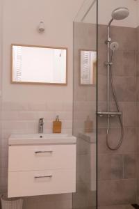 La salle de bains est pourvue d'un lavabo et d'une douche. dans l'établissement Eco apartament Nałęczów, à Nałęczów