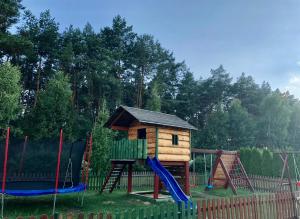 a small wooden playground with a slide and a house at Daglezjowy Dwór in Osiek