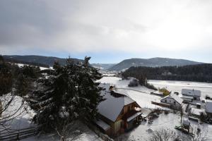 a snow covered village with a house and a river at Haus Verdi in Sankt Andrä im Lungau