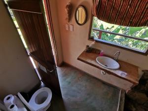 een badkamer met toilet, wastafel en raam bij Nativa Iguazu in Puerto Iguazú