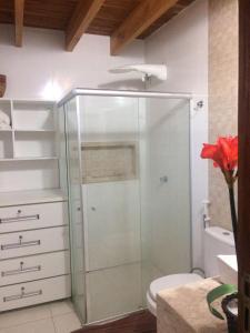 y baño con ducha de cristal y aseo. en Chalé Paraíso Corumbau, en Prado