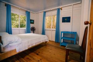 ein Schlafzimmer mit blauen Vorhängen sowie einem Bett und einem Stuhl in der Unterkunft Frenchy's in Providencia