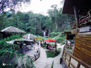 Pulangbato Falls Mountain Resort في دوماغيتي: مجموعة من الناس يجلسون على الطاولات مع المظلات