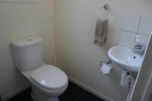 Manor Views NZ في هونتلي: حمام ابيض مع مرحاض ومغسلة