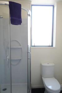 a bathroom with a toilet and a glass shower at Manor Views NZ in Huntly
