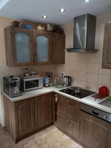 a kitchen with wooden cabinets and a microwave oven at Leśniczówka in Jagniątków