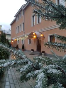 Un árbol de Navidad delante de un edificio en French Boutique, en Brasov