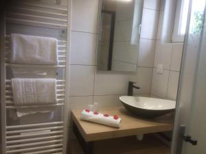 een badkamer met een wastafel en een spiegel bij L’Edaines in Bagnoles de l'Orne