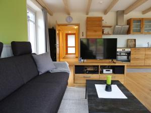 ein Wohnzimmer mit einem Sofa und einem Flachbild-TV in der Unterkunft Bergmannstrost 5 Sterne Ferienwohnung in Sankt Andreasberg