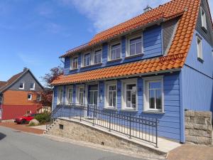 a blue house with an orange roof on a street at Bergmannstrost 5 Sterne Ferienwohnung in Sankt Andreasberg