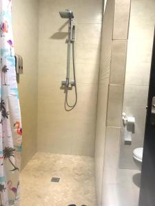 a shower stall in a bathroom with a toilet at Cabanyal Beach House in Valencia