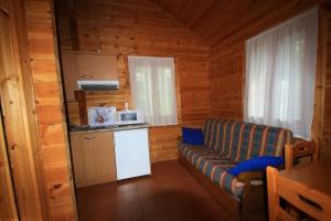 a living room with a couch and a kitchen in a cabin at Hotel, Bungalows y Camping Viu in Víu