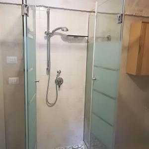 a shower with a glass door with a shower head at Trulli Manuela 2 in Locorotondo