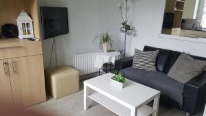 ein Wohnzimmer mit einem Sofa und einem Tisch in der Unterkunft vakantiehuisje Cottage in Aagtekerke