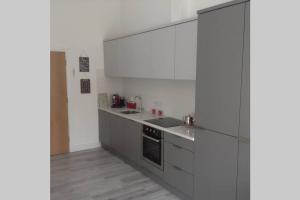 eine Küche mit weißen Wänden und grauen Schränken in der Unterkunft Mourneview Loft - Luxury Apartment in Newcastle