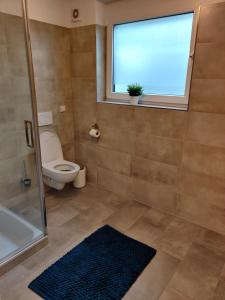 a bathroom with a toilet and a window and a rug at Moderne Neubau Ferienwohnung in Wiesbaden