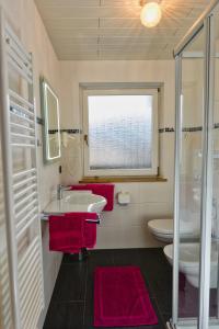 Un baño con lavabo, inodoro y ventana. en Appartements Sigmair, en Valdaora 31 fotos más