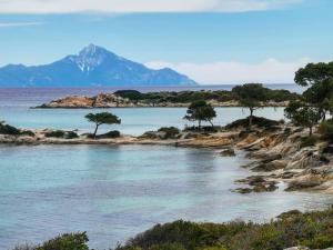 an island with trees in the water with a mountain at Kissos Apartments in Vourvourou