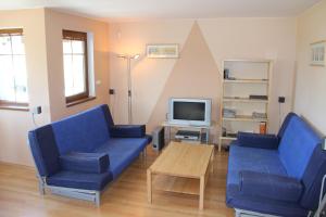 a living room with two blue couches and a tv at Villa Park Lipno-Lipno-In in Lipno nad Vltavou
