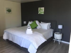 a bedroom with a bed with white sheets and green pillows at Vue Port in Mossel Bay