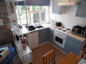 a small kitchen with blue cabinets and a sink at Seaside Bungalow in St Ives