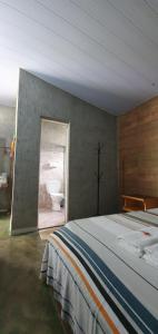 a bedroom with a bed and a bathroom with a toilet at Pousada Recanto da Mata in Cavalcante