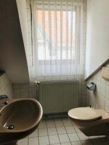 ein Bad mit einem Waschbecken, einem WC und einem Fenster in der Unterkunft Landgasthof "Zum Schwarzen Roß" in Eichenzell