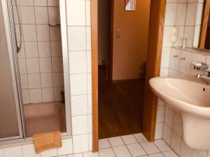 een badkamer met een douche, een wastafel en een toilet bij Landgasthof "Zum Schwarzen Roß" in Eichenzell