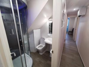 Un baño con inodoro, lavabo y ducha. en Apartamento Alfareiro, en Malpica de Bergantiños 11 fotos más