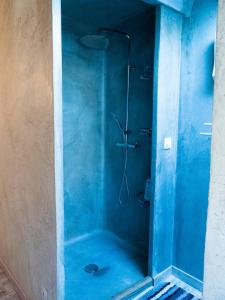 bagno con doccia blu e porta in vetro di L'abondance a La Baume-Cornillane