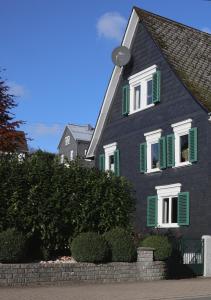 una casa negra con ventanas con persianas verdes y arbustos en Ferienwohnung Weiß en Hilchenbach