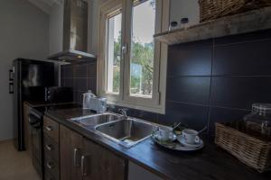 uma cozinha com um lavatório e uma janela em Villa Elaia Suites & Apartments No.6 em Gaios