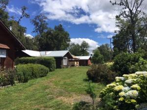 a yard with a house and some bushes and trees at Cabañas borde rio in Villarrica