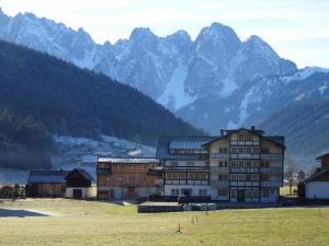 a large building with mountains in the background at Apartmenthaus Edelweiss in Gosau in Gosau