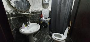 a bathroom with a sink and a toilet and a mirror at Charming sunset,Panoramic Nile view & pyramid view in Cairo +24 photos