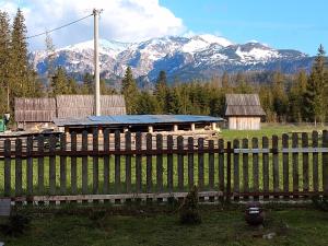 a wooden fence with a house and mountains in the background at Apartamenty Na Polanie in Witów