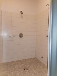 ein Bad mit einer Dusche und weißen Fliesen in der Unterkunft Ferienwohnung Pichlarn in Aigen im Ennstal