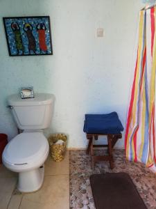 a bathroom with a toilet and a table in it at Mayan Bungalow Near Chichén in Chichén-Itzá