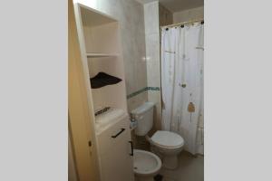 a small bathroom with a toilet and a shower at Abasto House in Rosario