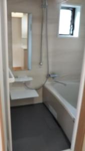La salle de bains est pourvue de toilettes, d'un lavabo et d'un miroir. dans l'établissement 町中ステイ 宗ハウス, à Nachikatsuura