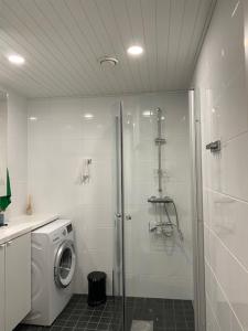 a bathroom with a shower and a washing machine at QnQ studio apartment in Helsinki +8 photos