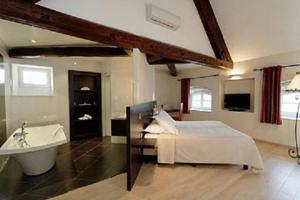 a large bedroom with a bed and a bath tub at Chateau Du Mont Joly in Sampans
