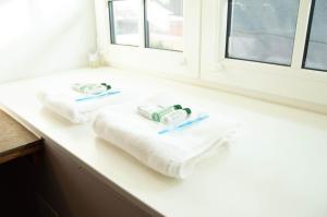 zwei Handtücher auf einer Theke neben einem Fenster in der Unterkunft Luxusferienhaus Isernhagen in Altwarmbüchen