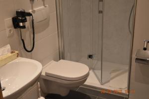 a bathroom with a shower and a toilet and a sink at Aktivhotel Alter Kaiser in Bad Ems