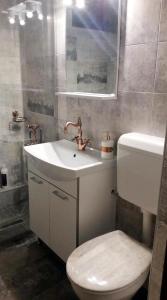 a bathroom with a white sink and a toilet at APARTAMENT MEDIEVAL in Predeal +51 photos