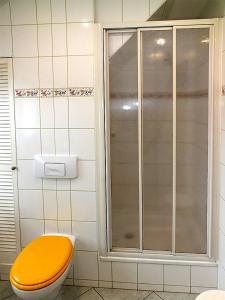 ein Badezimmer mit einer Dusche und einem WC mit einem gelben Sitz in der Unterkunft Gästehaus Schrot in Bad Schandau
