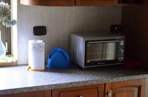 un bancone cucina con forno a microonde e un rotolo di carta da cucina di Casa "La Fucina" a Melle