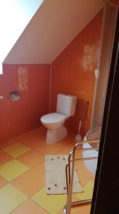 a bathroom with a toilet in a red wall at Penzión Ranč Šenkvice in Veľké Čaníkovce