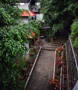a garden with potted plants on a brick walkway at Shamrock Holiday Home in Munnar