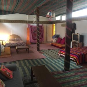 uma sala de estar com uma cama, um sofá e uma televisão em Peace Tent em Kfar Rut